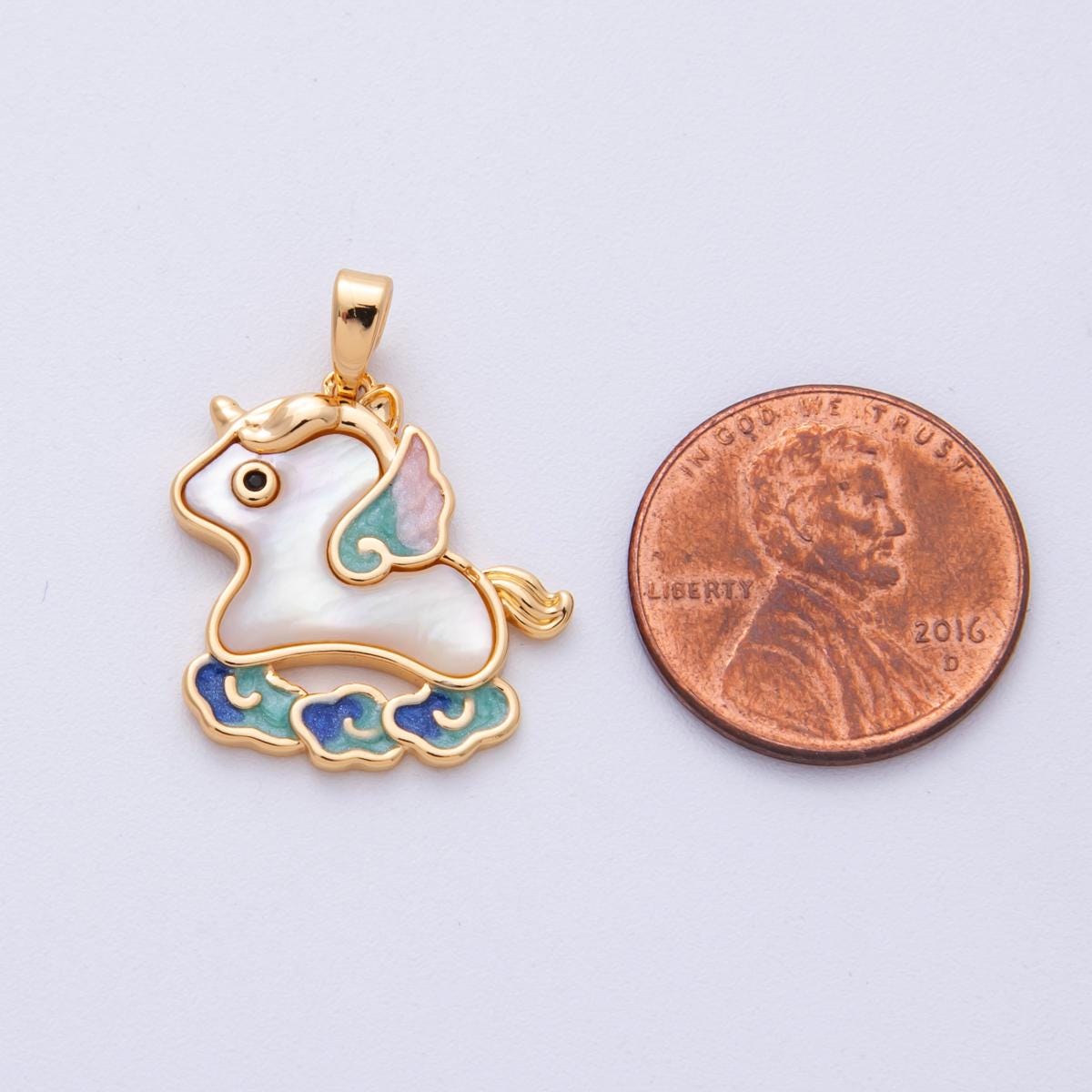 18k gold filled 20.2mm Shell Pearl Unicorn Pendant Mythical Creature Iridescent Charm DIY Jewelry Supply for custom necklace | CHARMS-00095