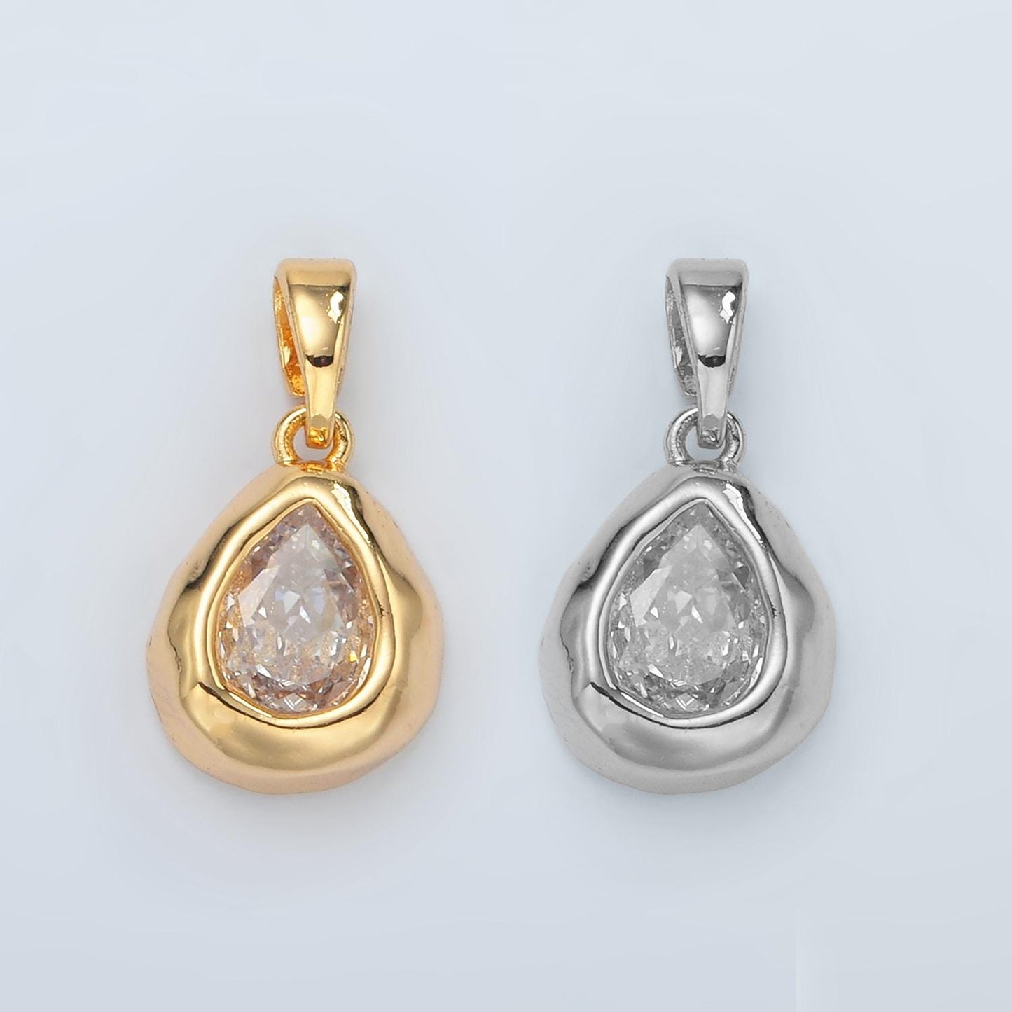 24K Gold Filled Clear CZ Oval Abstract Pendant Geometric Hammered Molten Charm |  H515