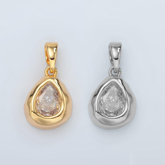 24K Gold Filled Clear CZ Oval Abstract Pendant Geometric Hammered Molten Charm |  H515
