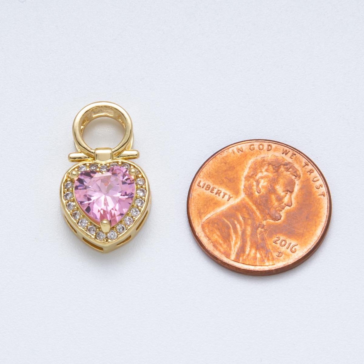 18k gold filled tiny heart charm pink cubic Zirconia micro pave charm for necklace component Charms-00146