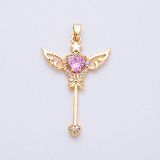 18k gold filled Magical Wings Heart Wand Pendant with Pink Cubic Zirconia Pink Crystal Charm DIY Jewelry Making Supply | CHARMS-00105