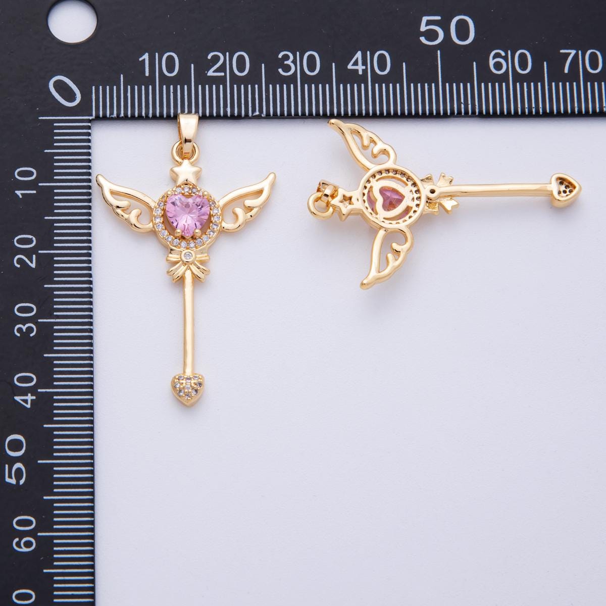 18k gold filled Magical Wings Heart Wand Pendant with Pink Cubic Zirconia Pink Crystal Charm DIY Jewelry Making Supply | CHARMS-00105