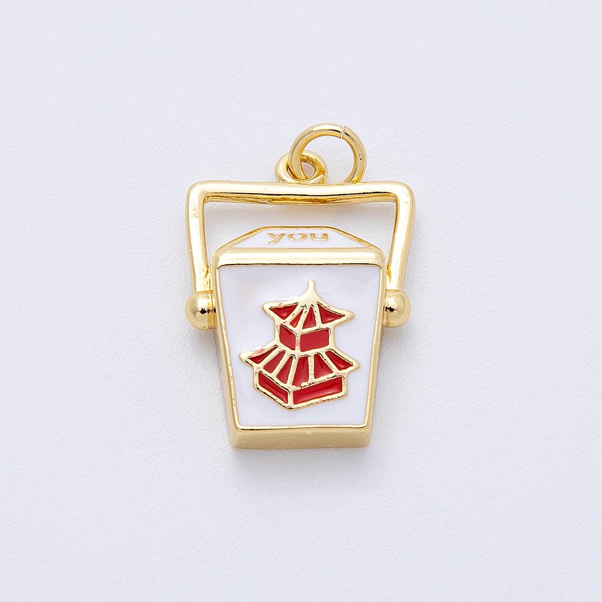 Enamel Chinese Togo Box Pendant Gold Food Container Charms 24k Gold Filled Chinese Food Charm Foodie Charm Bracelet Necklace Charms-00123