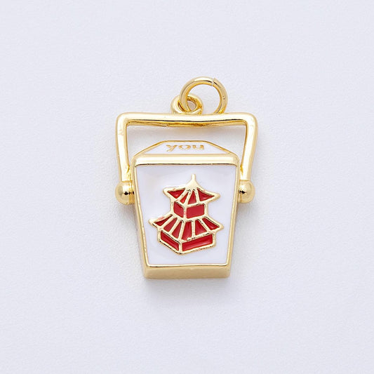 Enamel Chinese Togo Box Pendant Gold Food Container Charms 24k Gold Filled Chinese Food Charm Foodie Charm Bracelet Necklace Charms-00123