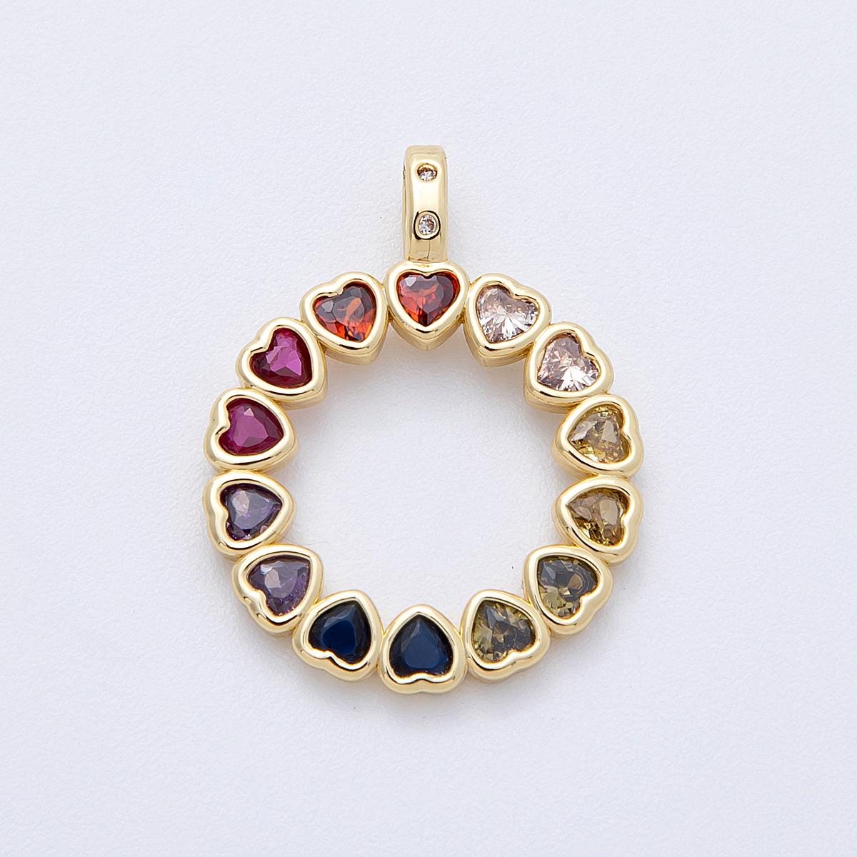 16k gold filled 26mm Colorful Rainbow heart CZ circle pendant vibrant gemstone jewelry gift for her DIY Jewelry Supply | CHARMS-00124
