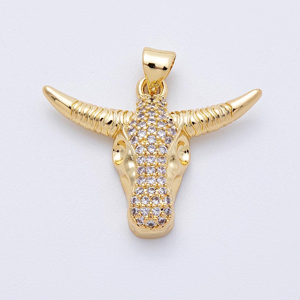 16K Gold Filled 22mm Micro Paved Bulls Head Animal Pendant Western Jewelry DIY Jewelry Supply for custom necklace | Charms-00122