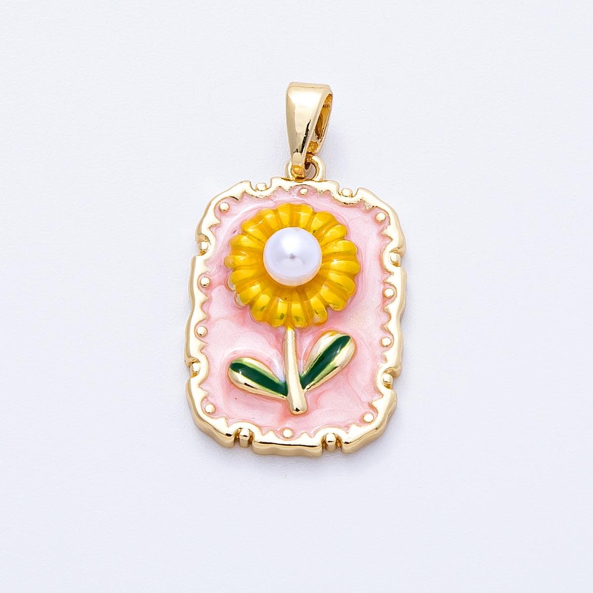 18k Gold Filled Sun Flower Charm, Enameled Flower Pendant Pearl Necklace Accessories Charms-00149