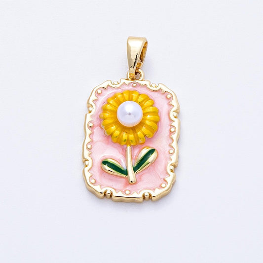 18k Gold Filled Sun Flower Charm, Enameled Flower Pendant Pearl Necklace Accessories Charms-00149