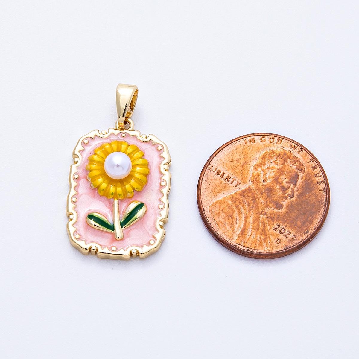 18k Gold Filled Sun Flower Charm, Enameled Flower Pendant Pearl Necklace Accessories Charms-00149