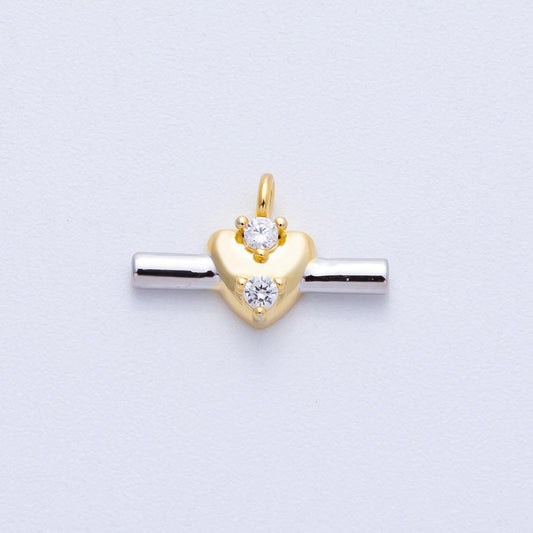 14K Gold Filled 15.5mm CZ Heart Bar Mini Mixed Metal Charm DIY Jewelry Supply Finding for custom necklace | Charms-00043