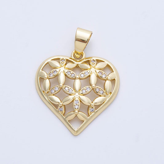 Gold Heart charms 14k gold filled Flower Patch heart pendant cz love charm for bracelet necklace diy jewelry making supply Charms-00062