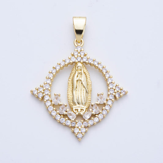 14K Gold Filled Our Lady of Guadalupe Charm Virgin Mary Lady of Lourdes Catholic Bijoux Medallion Micro Pave CZ Charm | Charms-00063