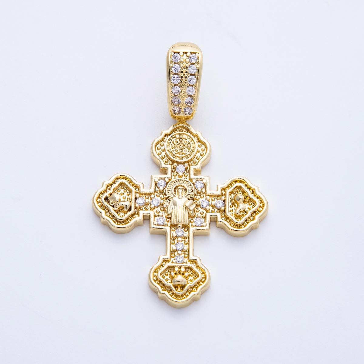 14k gold filled artisan textured religious cross charm in gold with Saint Benedict micro pave cross pendant | Charms-00069