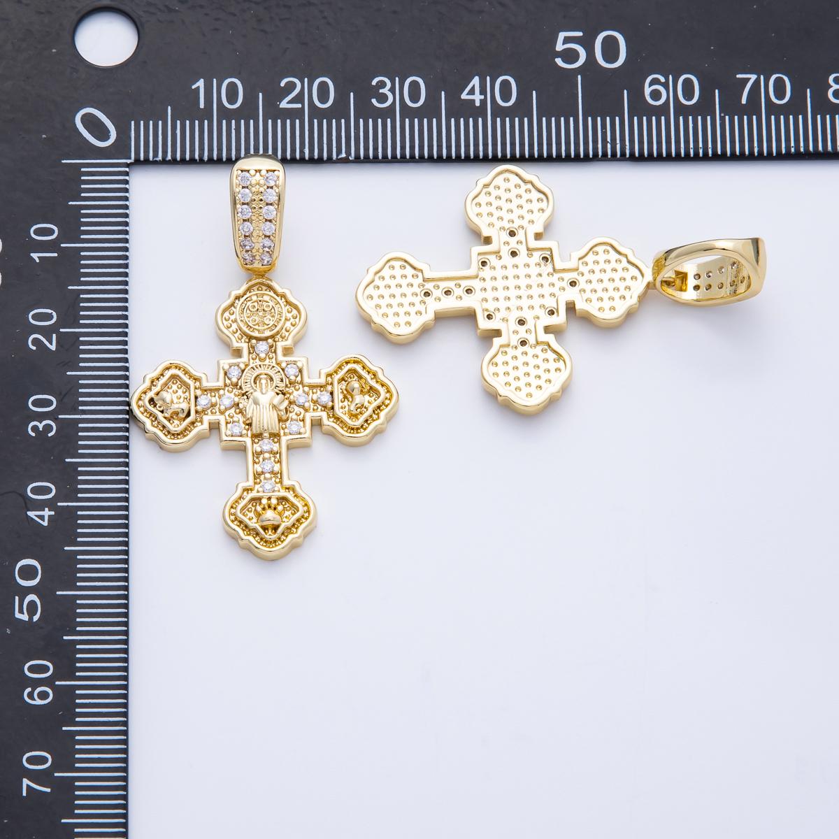 14k gold filled artisan textured religious cross charm in gold with Saint Benedict micro pave cross pendant | Charms-00069