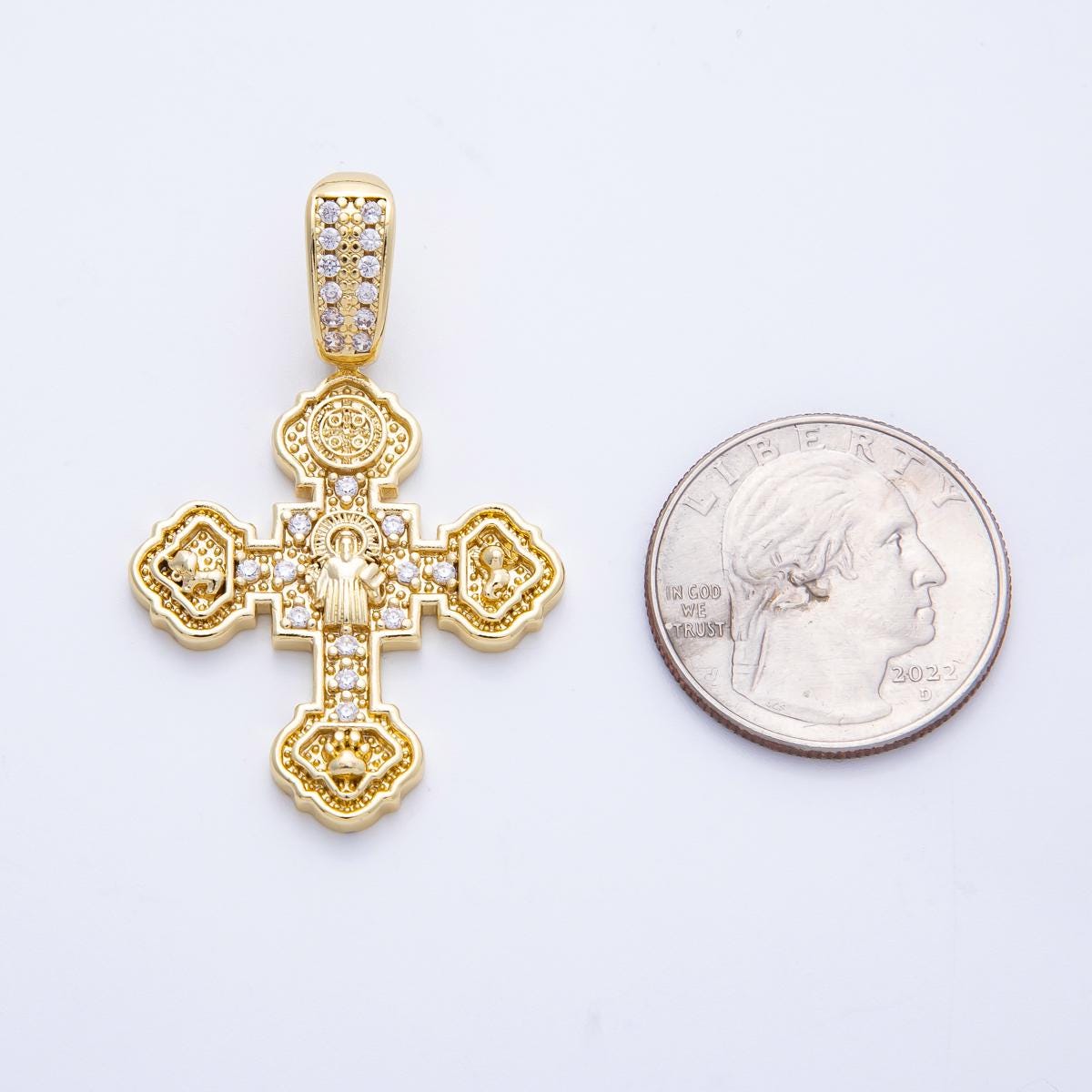 14k gold filled artisan textured religious cross charm in gold with Saint Benedict micro pave cross pendant | Charms-00069