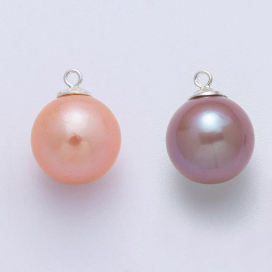 S925 Sterling Silver 16mm Pink, Purple Round Shell Pearl Charm Iridescent luster luminous pendant DIY Jewelry Supply for necklace | SL-708