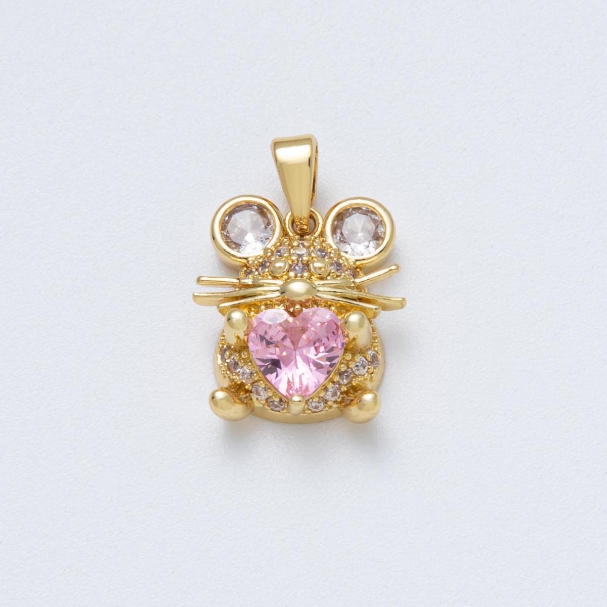 18K Gold Filled 15mm Pink Heart CZ Micro Paved Mouse Mice Animal Pendant Whimsical Pet Lover Gift DIY Jewelry Making Supply | Charms-00148