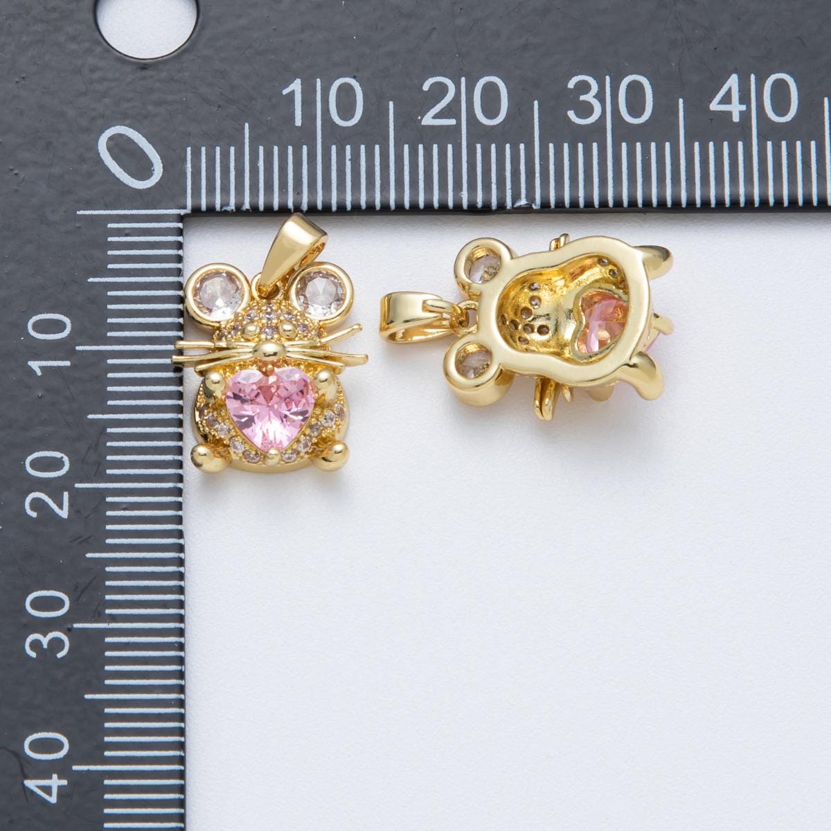 18K Gold Filled 15mm Pink Heart CZ Micro Paved Mouse Mice Animal Pendant Whimsical Pet Lover Gift DIY Jewelry Making Supply | Charms-00148