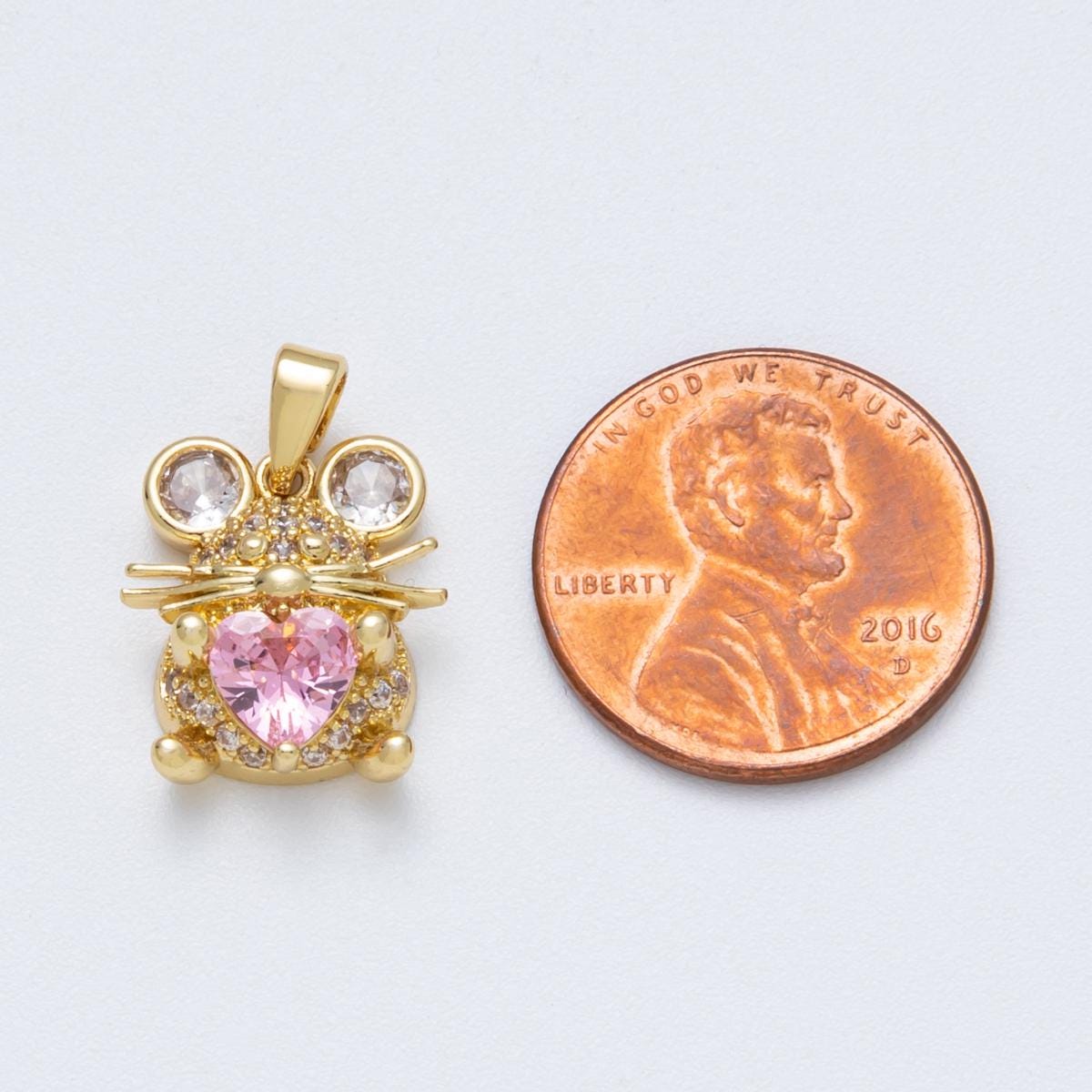 18K Gold Filled 15mm Pink Heart CZ Micro Paved Mouse Mice Animal Pendant Whimsical Pet Lover Gift DIY Jewelry Making Supply | Charms-00148