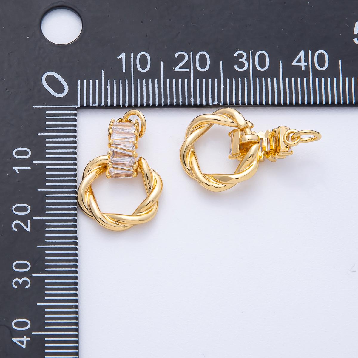 18K Gold Filled 20mm Clear Baguette CZ Twisted Round Drop Charm Interlocking Link Connector DIY Jewelry Supply for necklace | Charms-00049