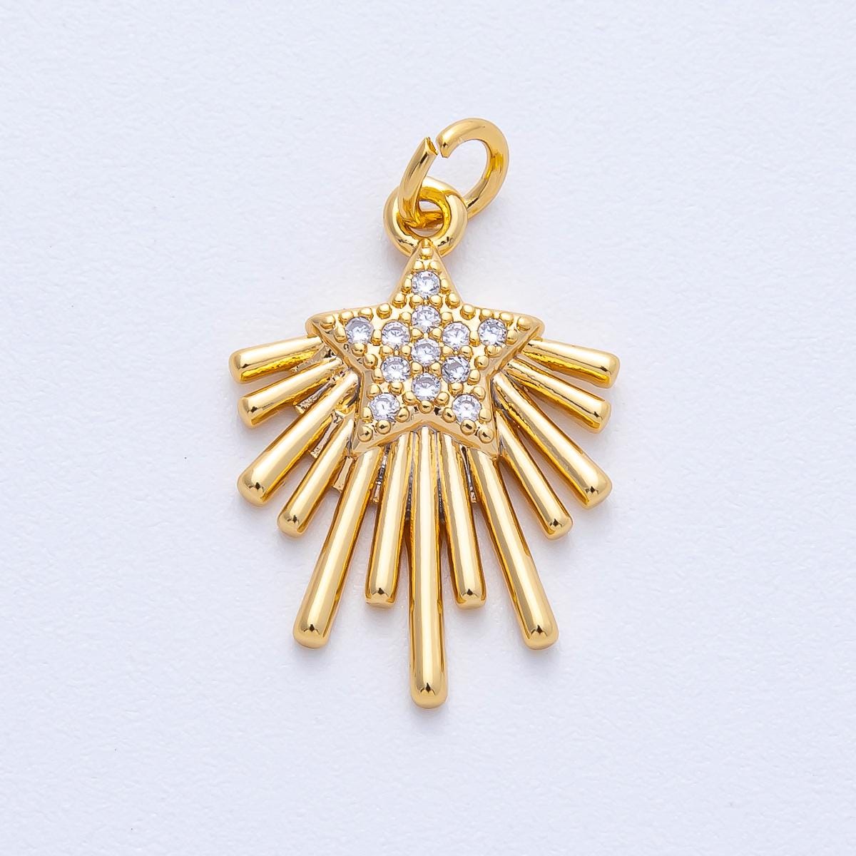 18K Gold Filled 21mm Micro Paved CZ Celestial Shooting Star Charm Sun Ray Pendant DIY Jewelry Making Supply custom necklace | Charms-00050