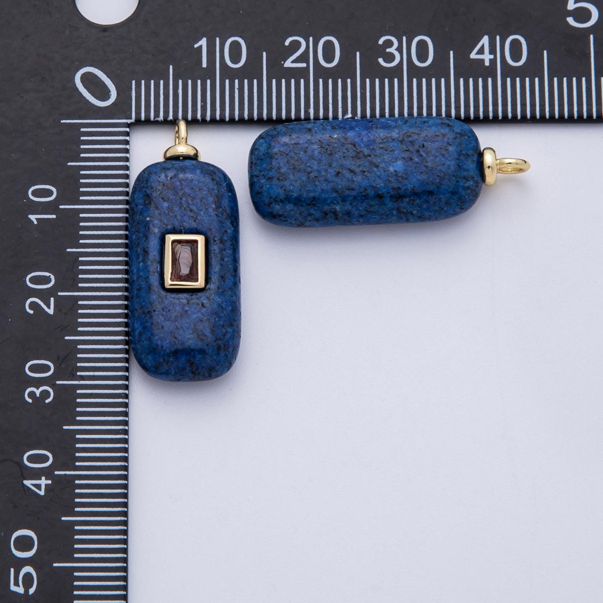 18K Gold Filled 30mm Embedded Red Baguette CZ Blue Lapis Lazuli Charm Natural Gem Minimalist Chic DIY Jewelry Supply | Charms-00047