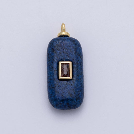 18K Gold Filled 30mm Embedded Red Baguette CZ Blue Lapis Lazuli Charm Natural Gem Minimalist Chic DIY Jewelry Supply | Charms-00047