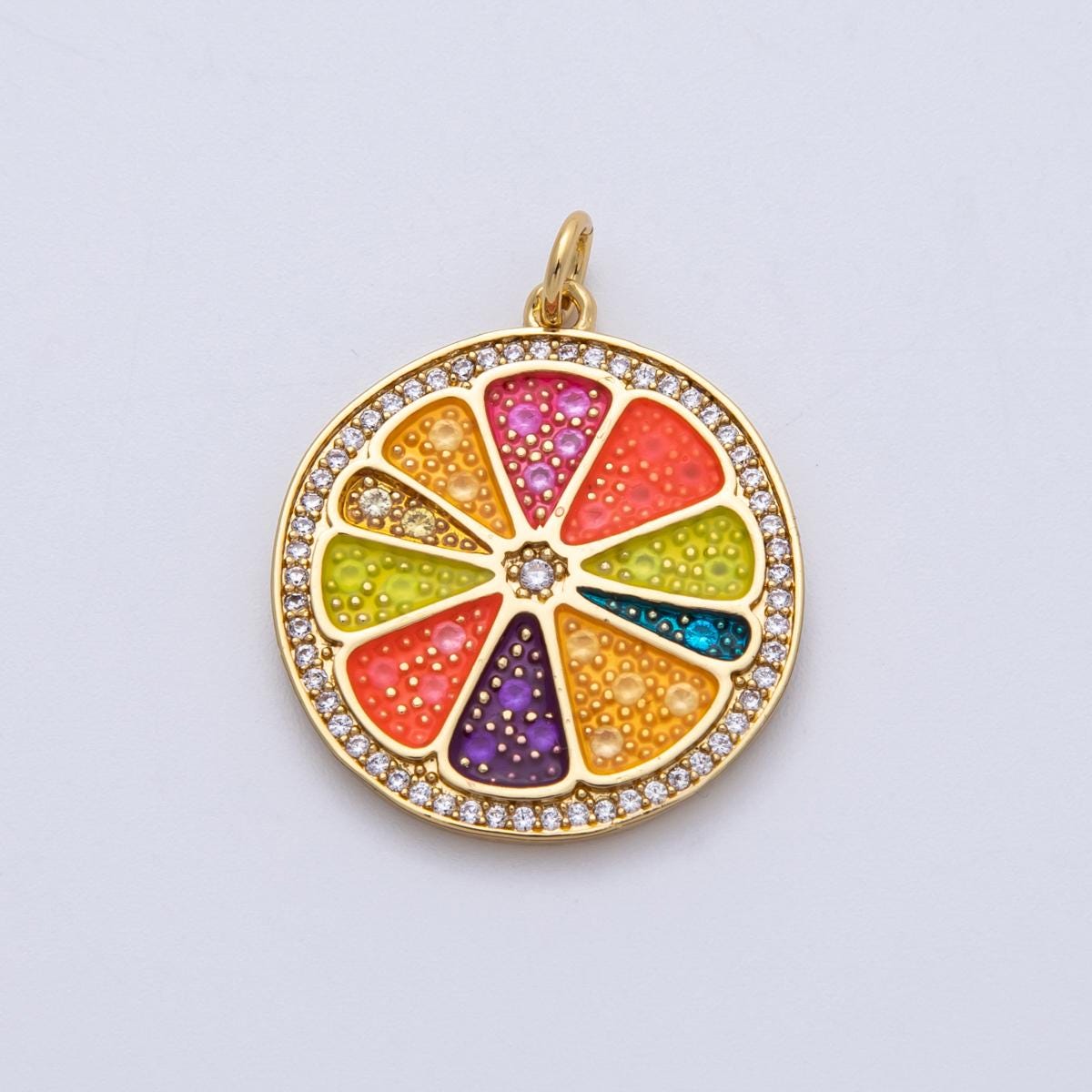18K Gold Filled 25mm Micro Paved CZ Rainbow Citrus Slice Fruit Medallion Charm Summer Jewelry Making Supply custom necklace | Charms-00138
