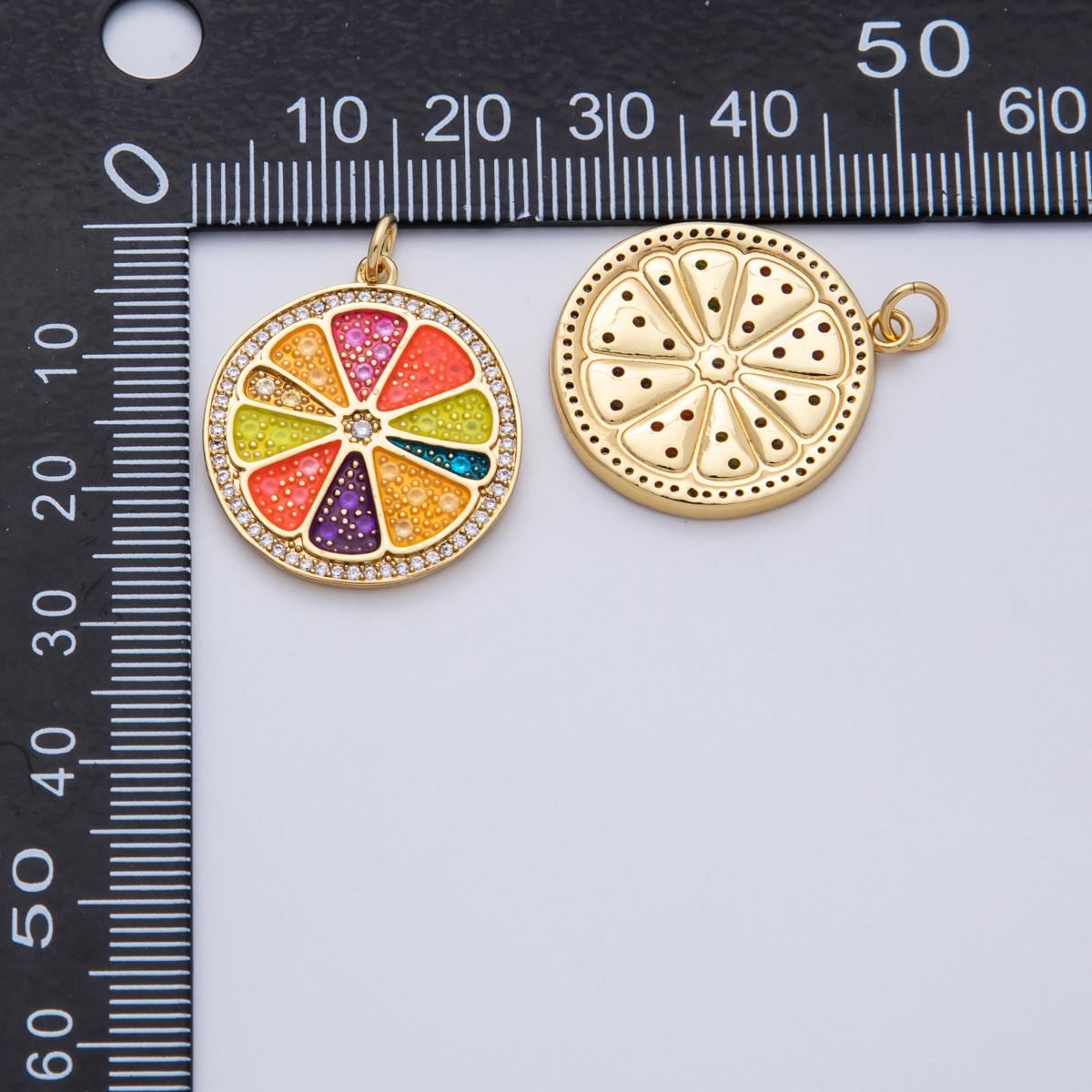 18K Gold Filled 25mm Micro Paved CZ Rainbow Citrus Slice Fruit Medallion Charm Summer Jewelry Making Supply custom necklace | Charms-00138