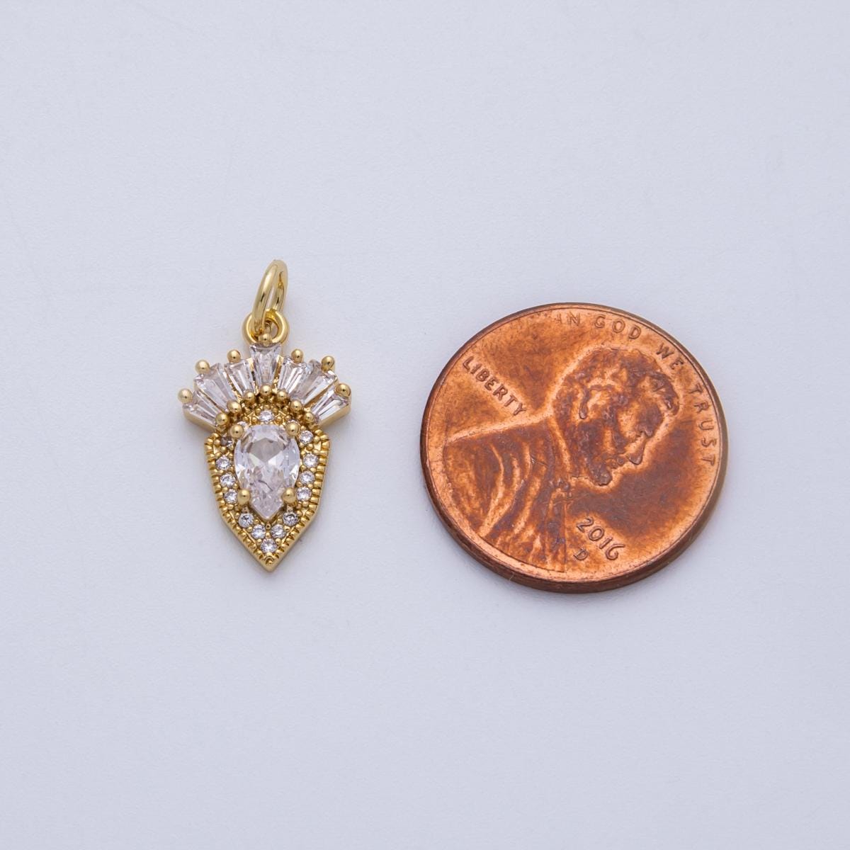 18K Gold Filled 17mm Clear Multi Cut CZ Royal Shield Charm dainty crown with baguette stones DIY Jewelry Making Supply | CHARMS-00143
