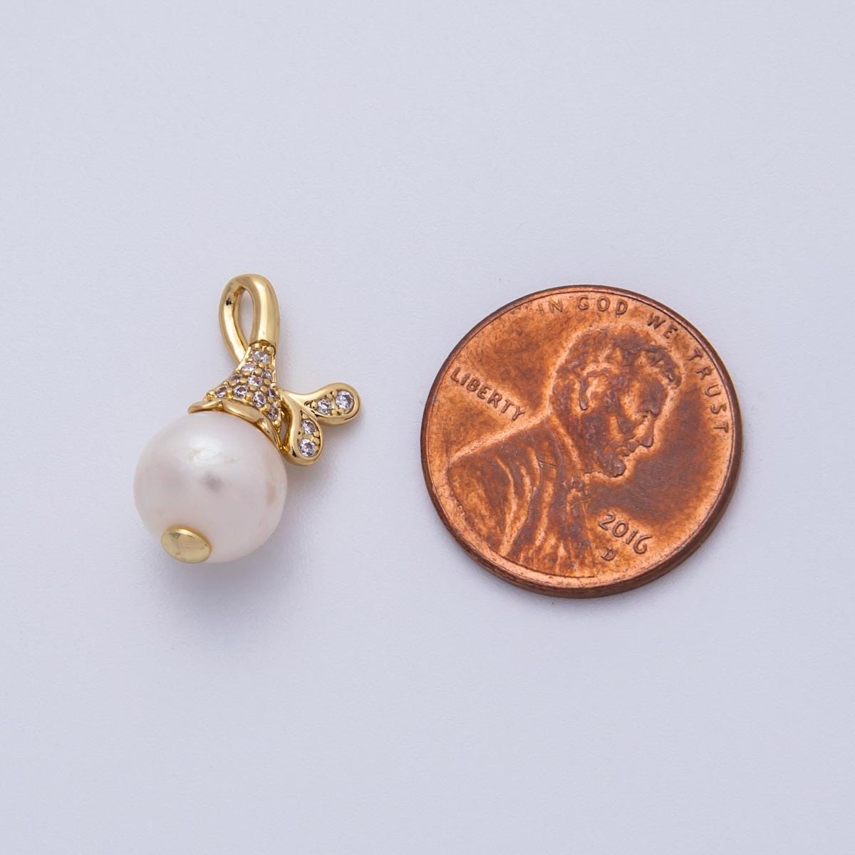 18K Gold Filled 19mm Royal Shell Pearl Ribbon Paved Pendant Dainty Leaf Charm Minimalist Bridal Jewelry Making Supply finding | Charms-00145