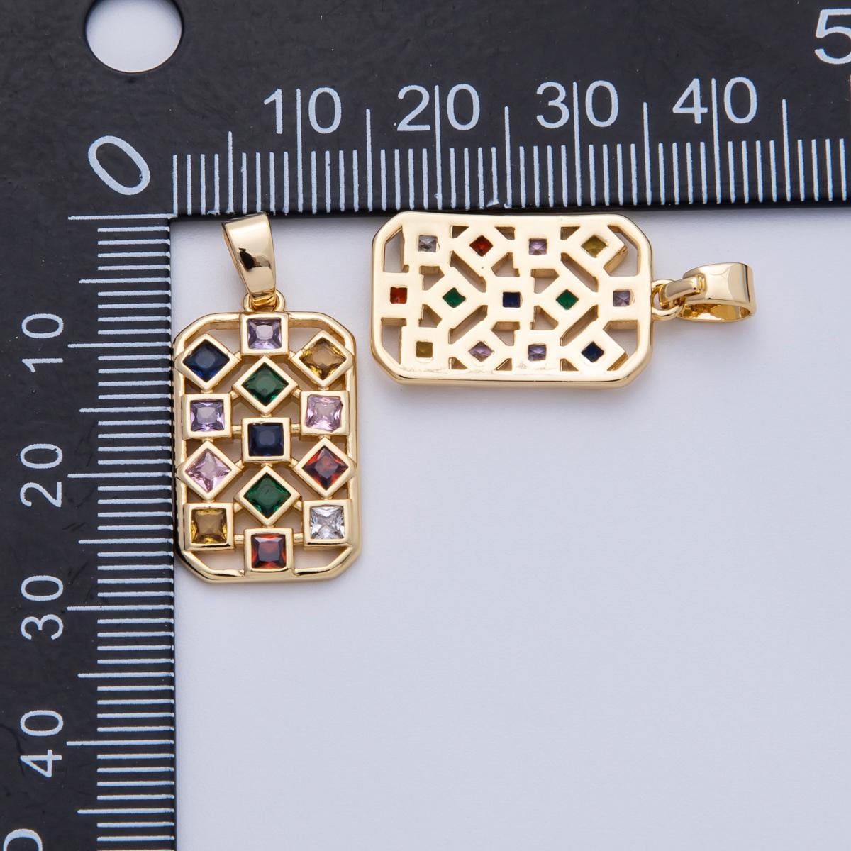18K Gold Filled 22.5mm Multicolor CZ Rhombus Rectangular Pendant Vibrant Assortment square cut gemstones DIY Jewelry Supply | Charms-00091