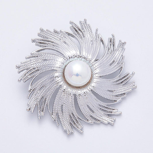 Silver 61.7mm x 59.3mm Shell Pearl Circular Celestial Sun Pin Brooch Silvery Starburst Statement Piece for Coats Bags Scarves | BH-097