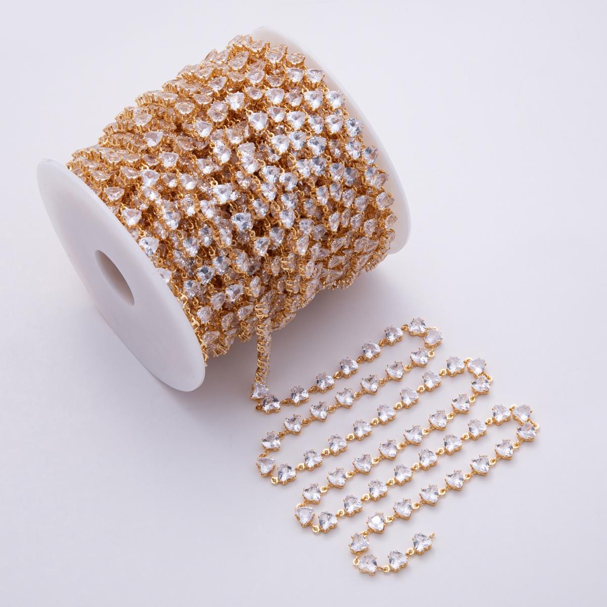 18K Gold Filled 6.5mm Clear Heart CZ Gemstone Unfinished Chain by Yard Wholesale Bulk diy Jewelry Supply for custom necklace | Roll-1827