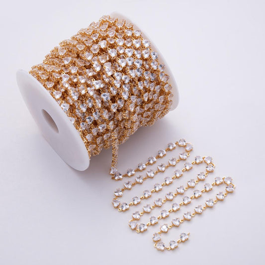 18K Gold Filled 6.5mm Clear Heart CZ Gemstone Unfinished Chain by Yard Wholesale Bulk diy Jewelry Supply for custom necklace | Roll-1827