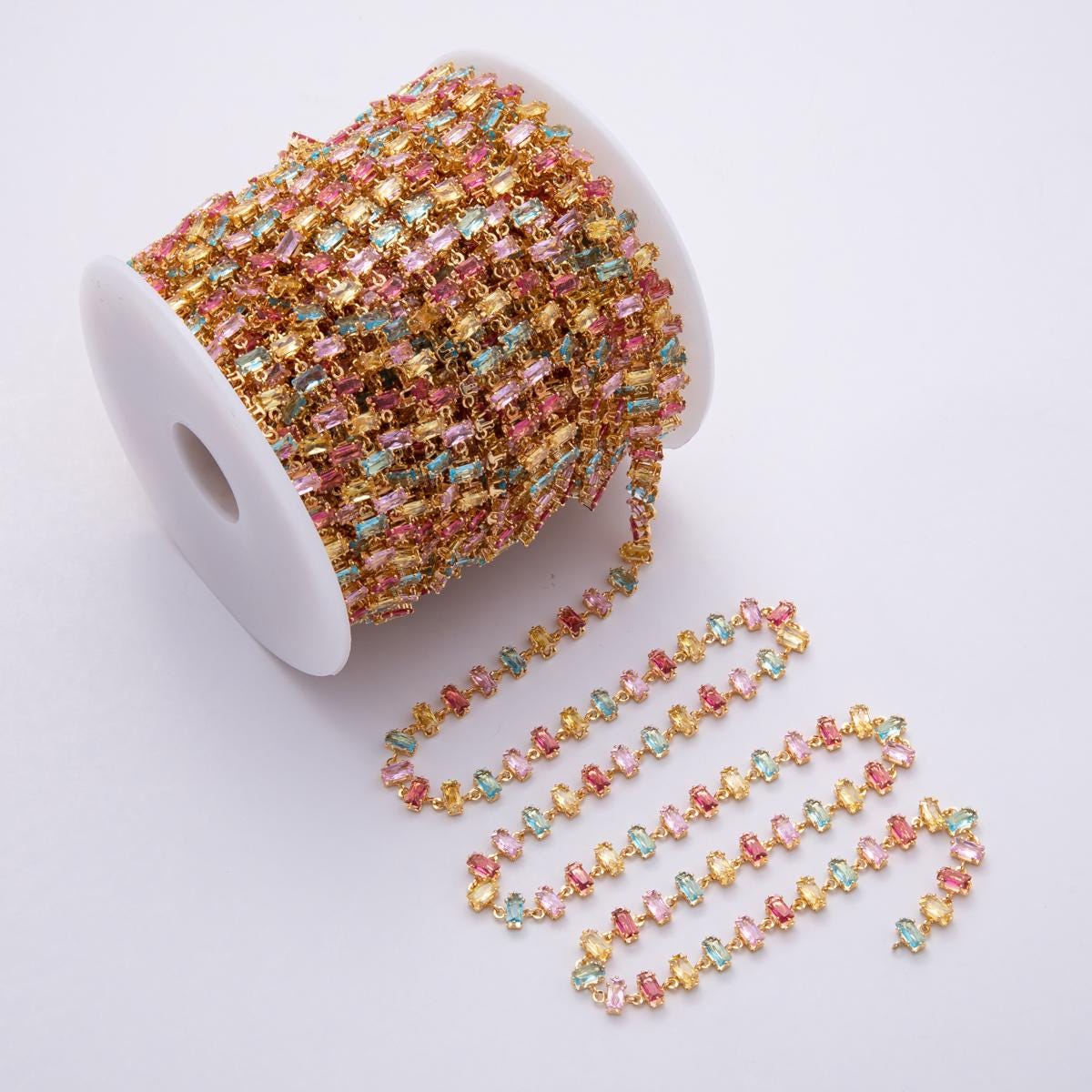 18K Gold Filled 6.8mm Multicolor Pastel Baguette CZ Gemstone Unfinished Chain by Yard Wholesale bulk DIY Jewelry Supply necklace | Roll-1830