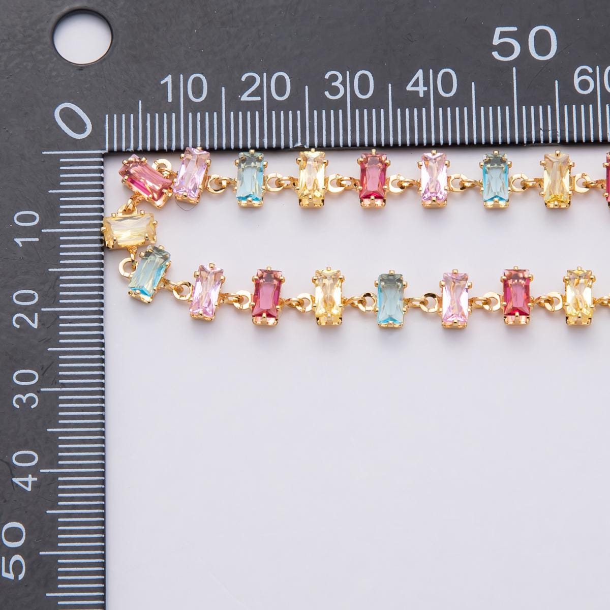 18K Gold Filled 6.8mm Multicolor Pastel Baguette CZ Gemstone Unfinished Chain by Yard Wholesale bulk DIY Jewelry Supply necklace | Roll-1830