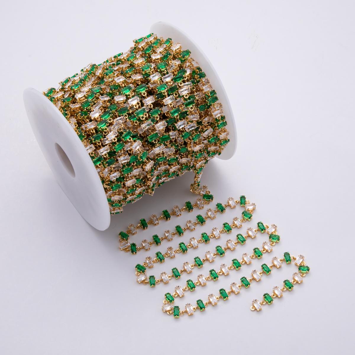 18K Gold Filled 6.8mm Multicolor Green-Clear Baguette CZ Gemstone Unfinished Chain by Yard Wholesale bulk DIY Jewelry necklace | Roll-1831