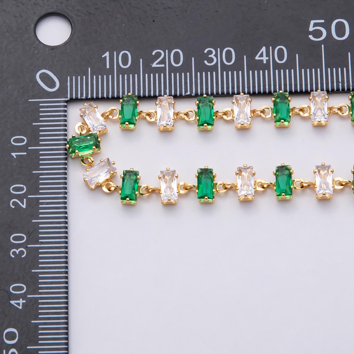 18K Gold Filled 6.8mm Multicolor Green-Clear Baguette CZ Gemstone Unfinished Chain by Yard Wholesale bulk DIY Jewelry necklace | Roll-1831
