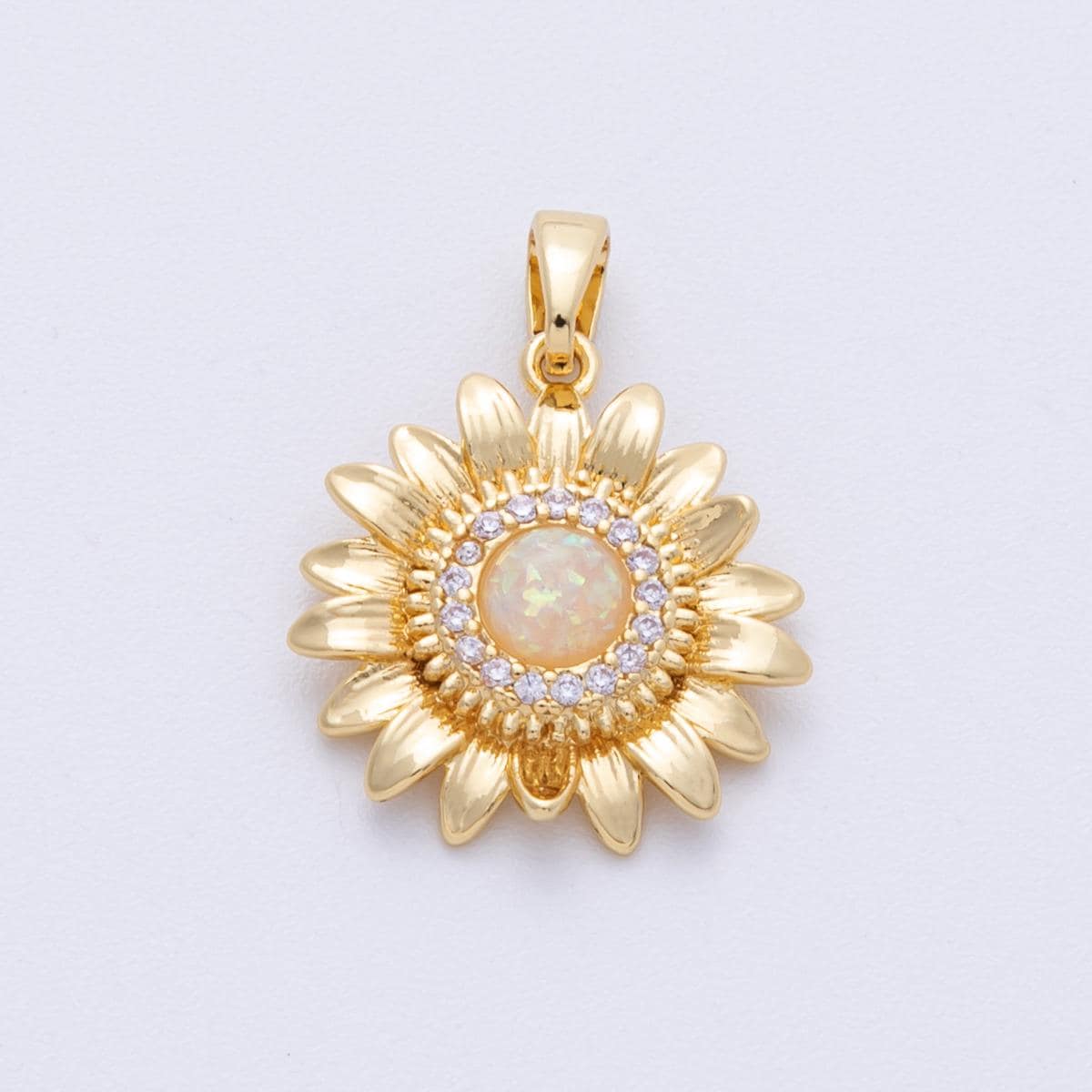 16K Gold Filled 18.5mm White Opal Micro Paved CZ Sunflower Pendant Gold Floral Charm Sunburst Design DIY Jewelry for necklace | Charms-00104