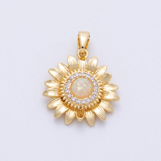 16K Gold Filled 18.5mm White Opal Micro Paved CZ Sunflower Pendant Gold Floral Charm Sunburst Design DIY Jewelry for necklace | Charms-00104