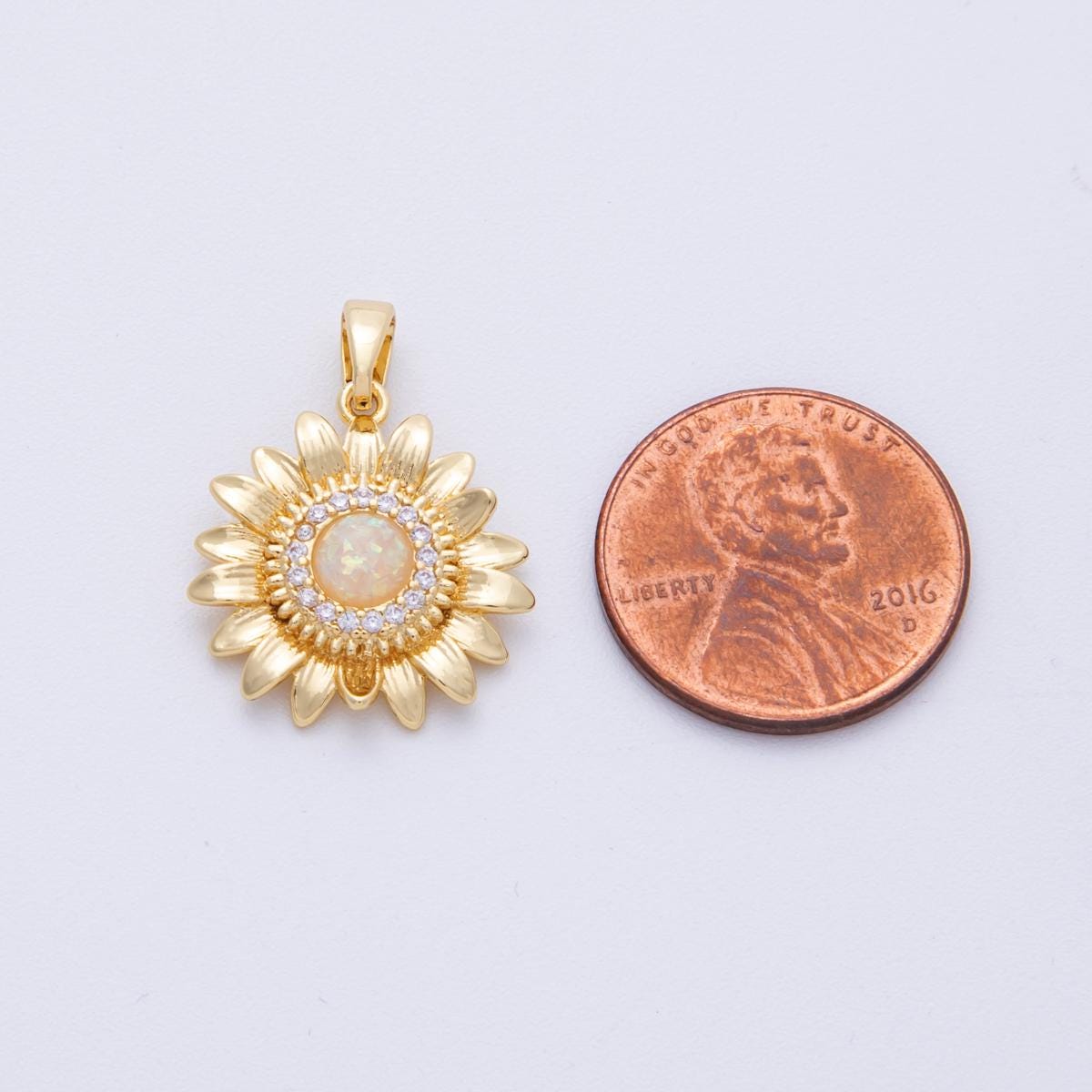 16K Gold Filled 18.5mm White Opal Micro Paved CZ Sunflower Pendant Gold Floral Charm Sunburst Design DIY Jewelry for necklace | Charms-00104