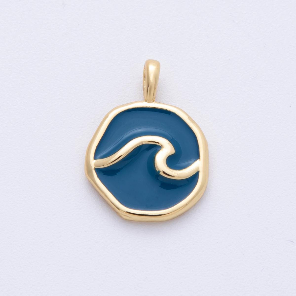 14K Gold Filled 18.7mm Blue Ocean Sea Round Pendant Enamel Wave Charm Minimal Beach Gift DIY Jewelry Making Supply | Charms-00099