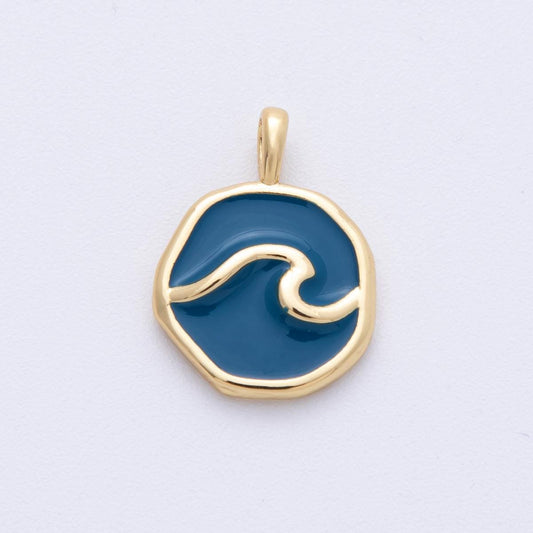14K Gold Filled 18.7mm Blue Ocean Sea Round Pendant Enamel Wave Charm Minimal Beach Gift DIY Jewelry Making Supply | Charms-00099