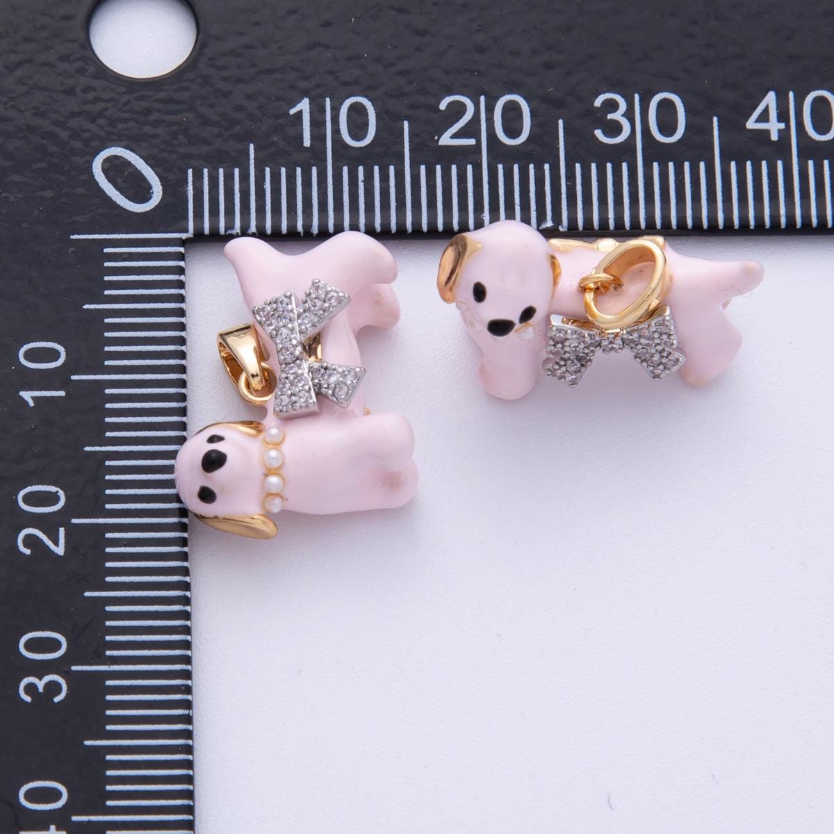 18K Gold Filled 16mm Micro Paved CZ Shell Pearl Pink Dog Pet 3D Multidimensional Pendant with crystal bow Puppy Charm Custom | Charms-00113