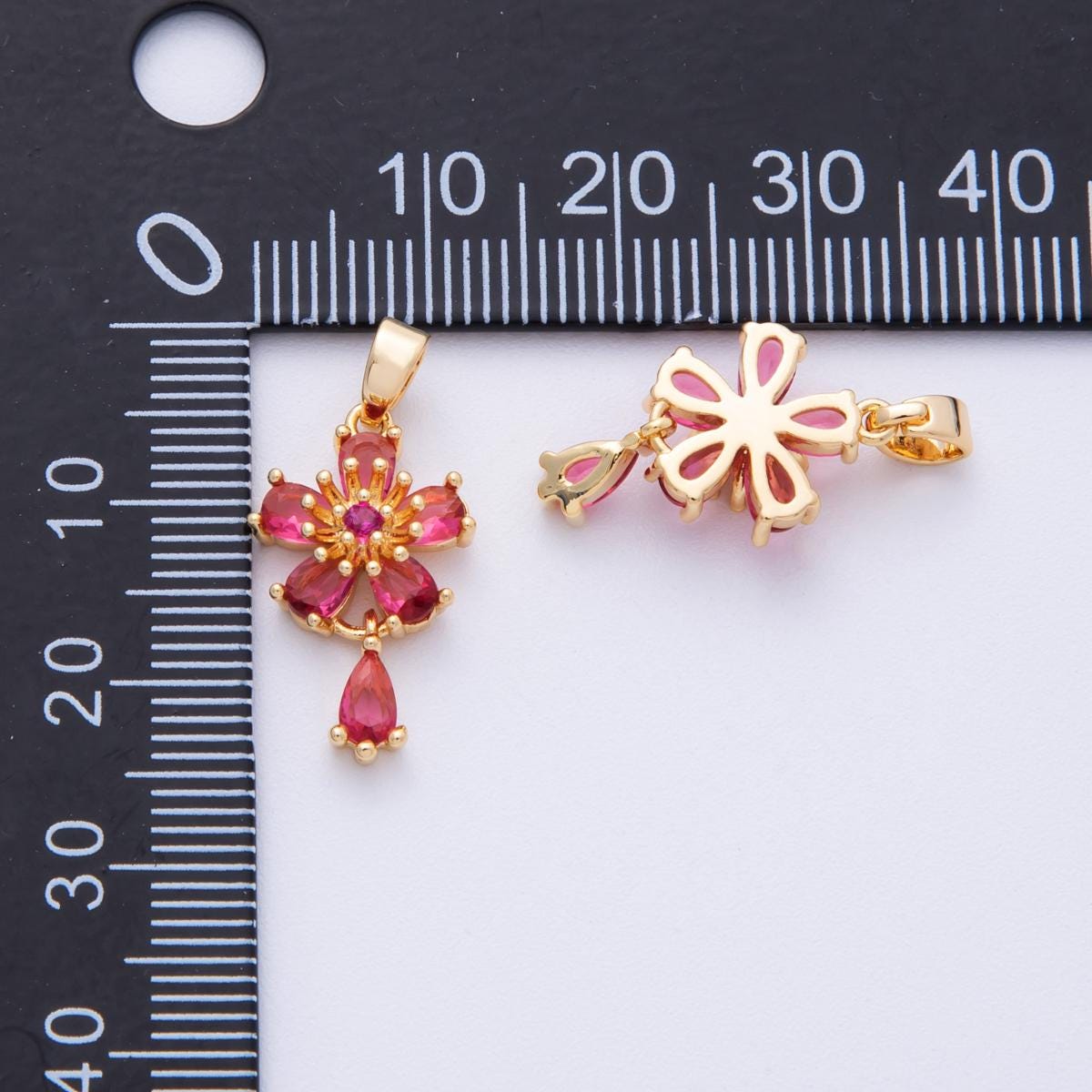 18K Gold Filled 20mm Red CZ Flower Drop Charms Dainty Ruby Gemstone Necklace Minimalist Jewelry Making Supply | Charms-00109