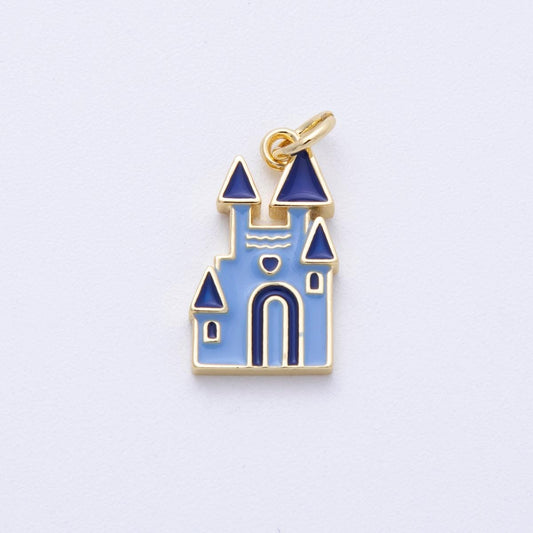 18k Gold Filled Castle Charm Blue Magical Kingdom Pendant Bracelet Necklace Earring Charm Component | Charms-00100