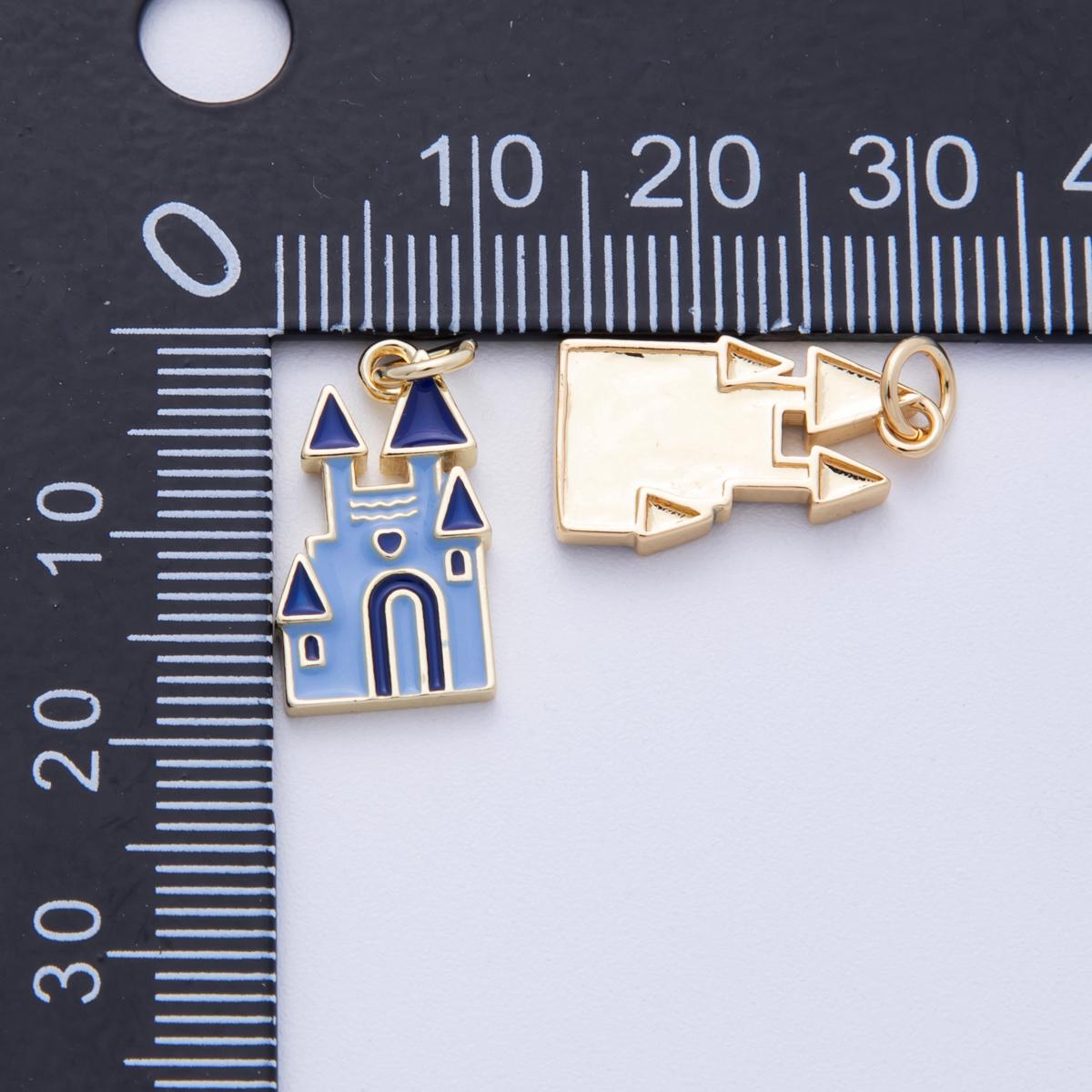 18k Gold Filled Castle Charm Blue Magical Kingdom Pendant Bracelet Necklace Earring Charm Component | Charms-00100