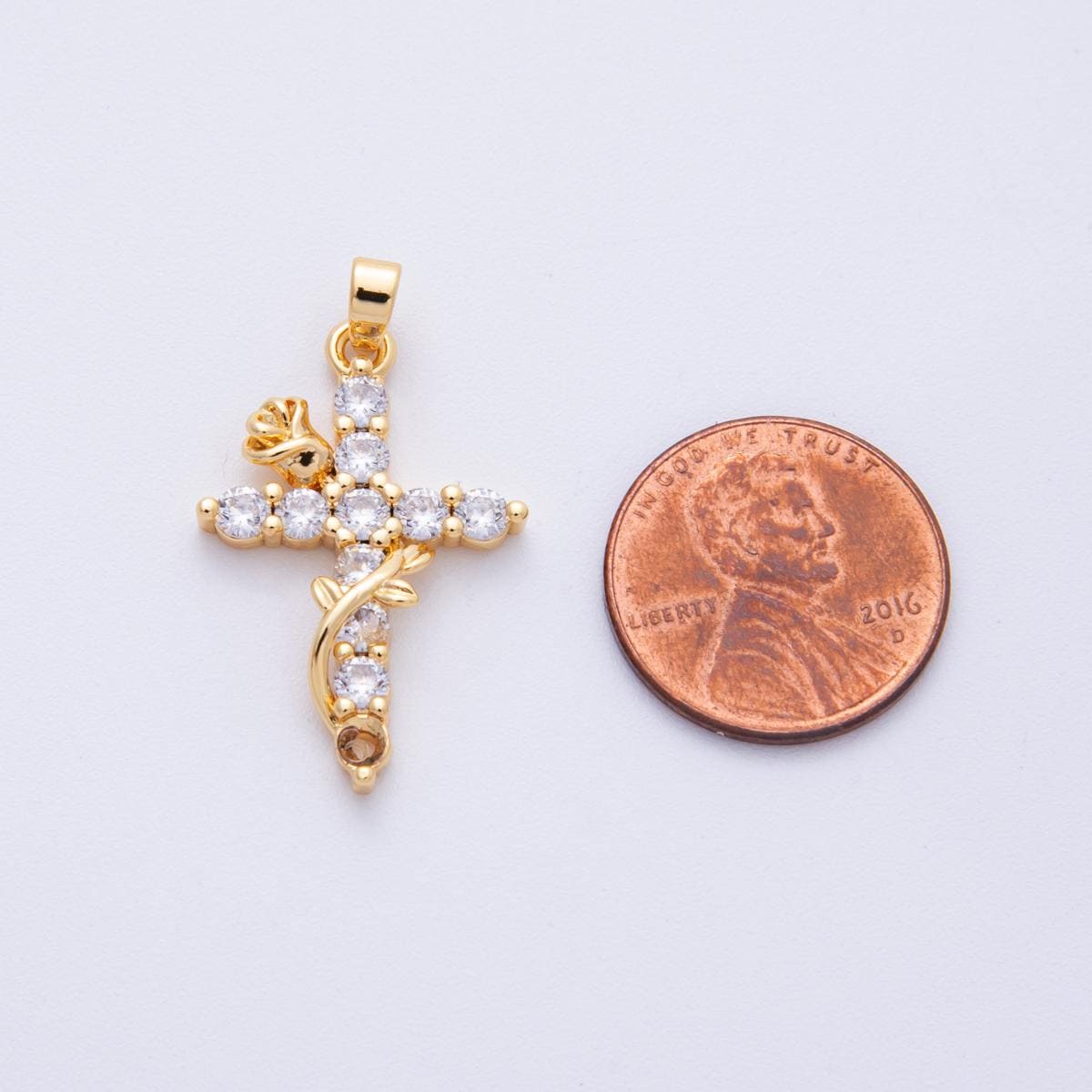 18K Gold Filled 28mm Clear CZ Religious Cross Rose Flower Pendant Unique Communion Gift DIY Jewelry Supply for custom pieces | Charms-00111