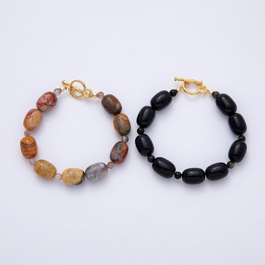 Handmade Colorful 18K Gold Filled Black Crazy Agate Gemstone Cluster Beaded Bracelet | WA-4103